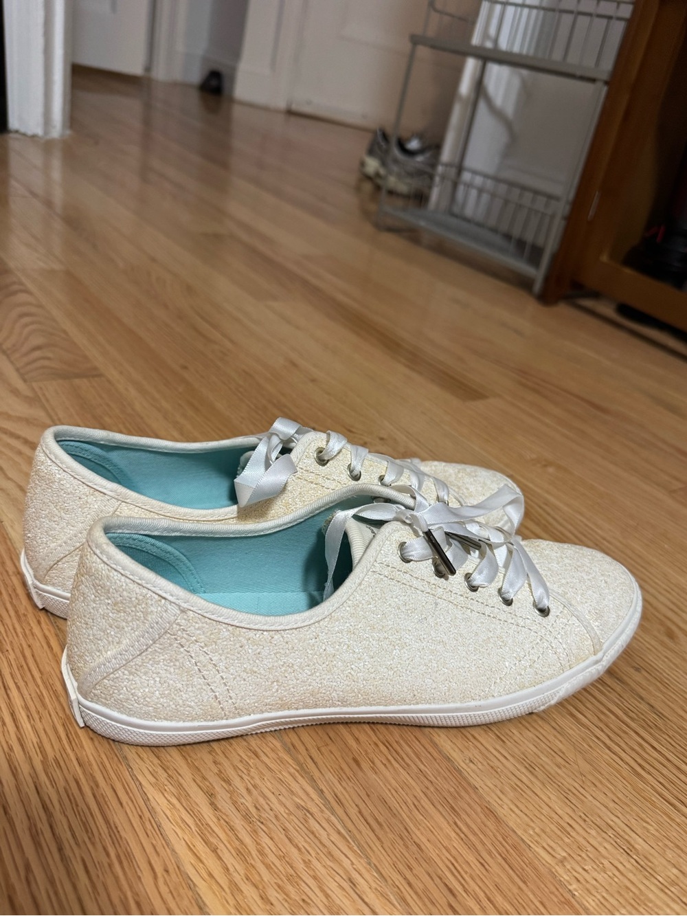 kate spade Cream Glitter Low-Top Sneakers with Turquoise Lining